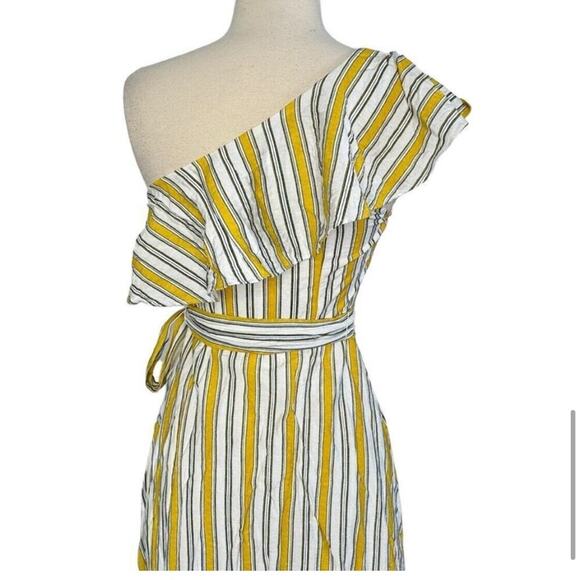 Lulus High Tide ivory white yellow striped ruffle one shoulder dress size Medium - Picture 8 of 13